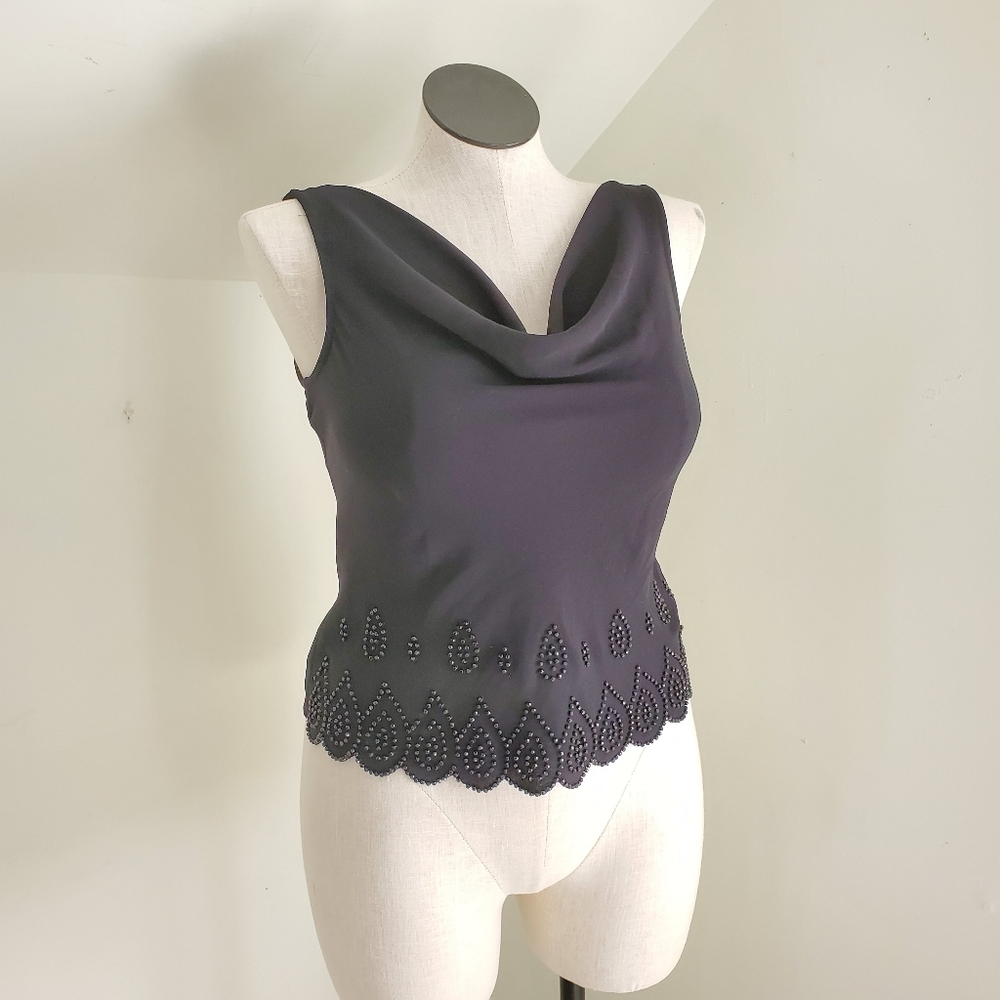 90s Vintage Black Cowl Neck Top with beaded scalloped trim and strappy back - Picture 3 of 5